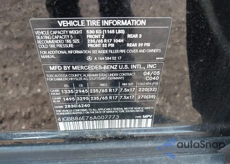 2006 Mercedes-Benz Ml 350 4Matic z USA, uszkodzony, nr VIN 4JGBB86E76A007773